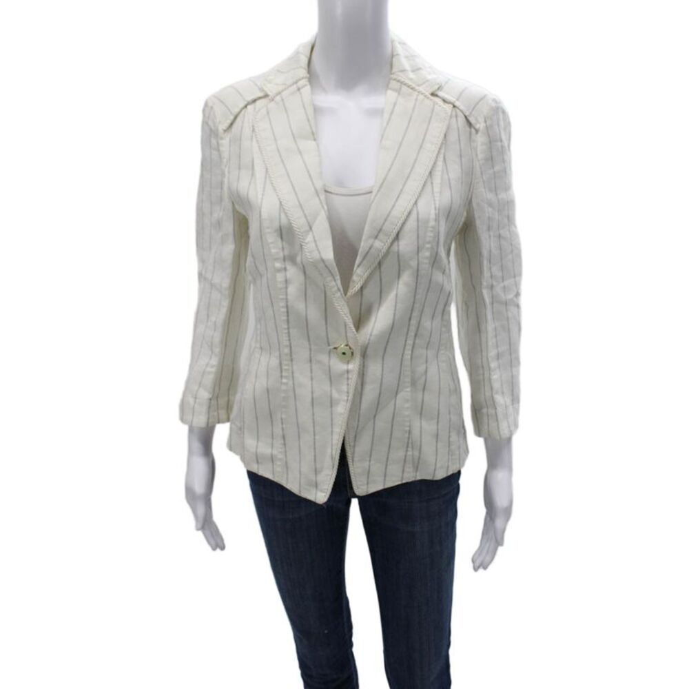 Les Copains Women Striped Linen Blazer White 3/4 Sleeve Button Nautical Size 4